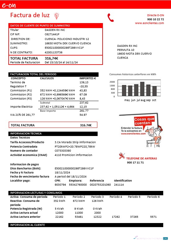 Download Spain E.ON electricity business utility bill template in Word and PDF formats Photoshop template